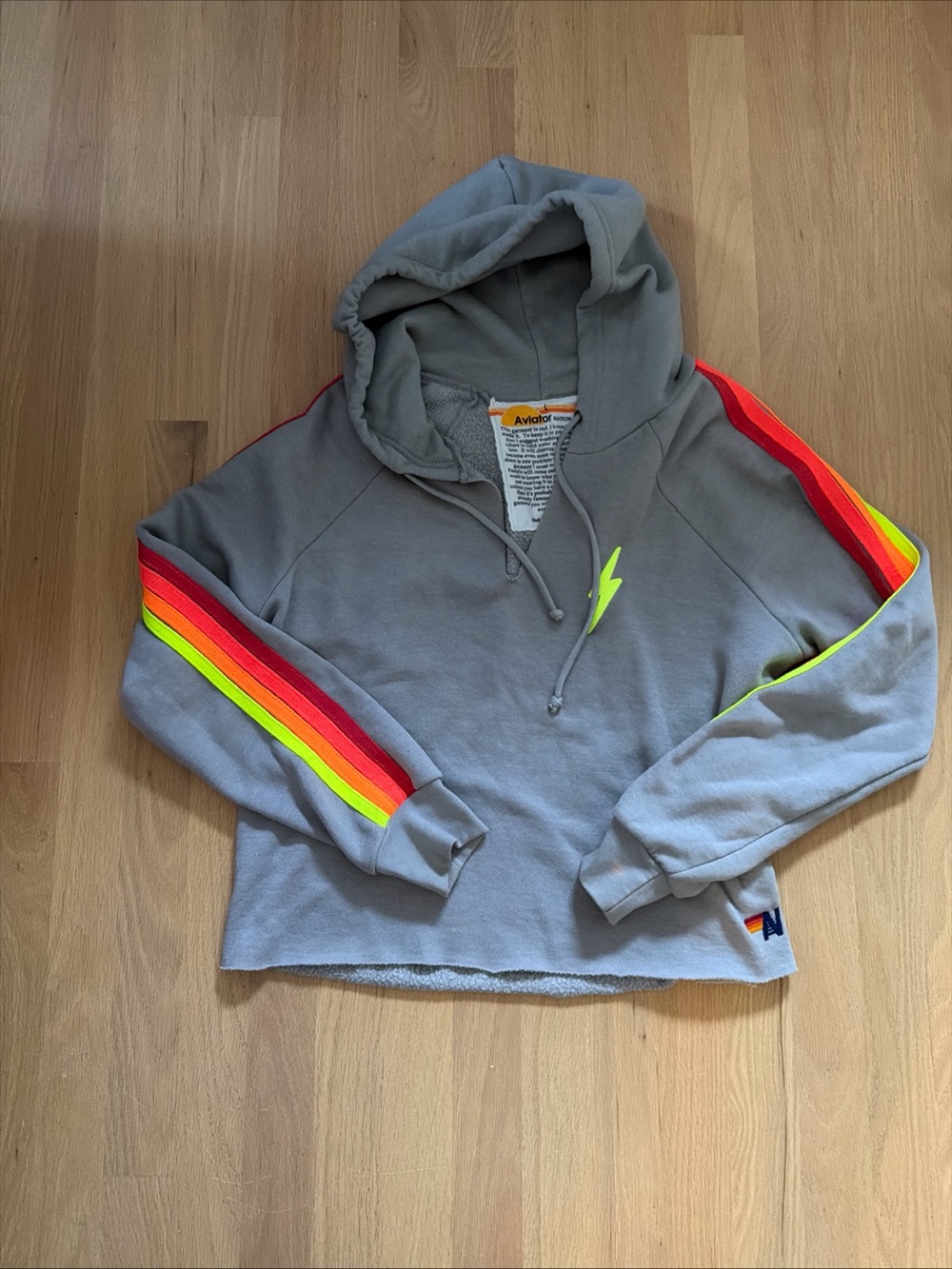 Aviator Nation Bolt Chevron Neon Stripes Split Neck Crop Hoodie Large *Read